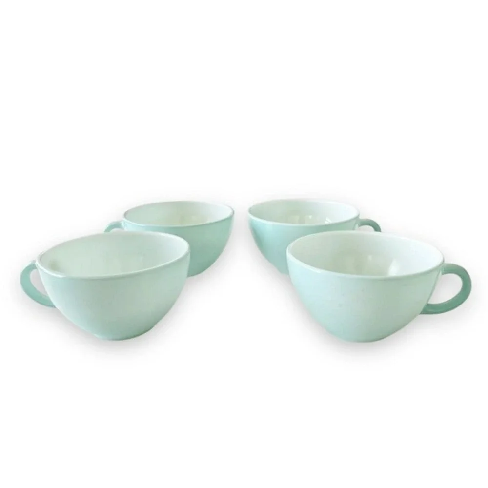 Pyrex Family Flair Duck Egg Blue Seafoam 4 Coffee Cups Set Rare Mugs Milk Glass